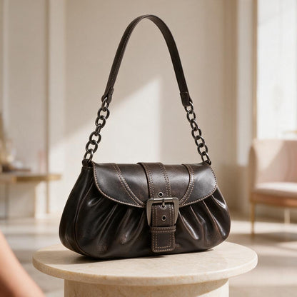 Black Buckle Shoulder Bag, Y2K Chain Purse, Ruched Handbag, Retro Baguette Bag