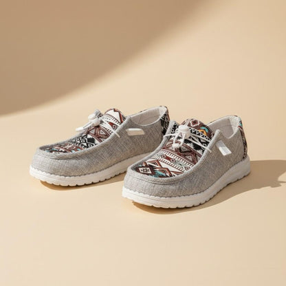 Aztec Print Moccasin Shoes for Women, Gray Geometric Lace Up Casual Flats