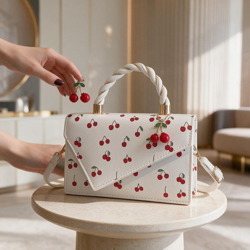 Cherry Print Handbag, White Cherry Shoulder Bag, Fruit Print Purse, Braided Handle Bag, Cute Flap Crossbody Bag, Summer Purse