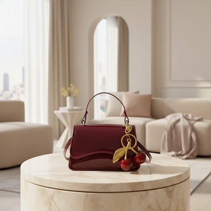Burgundy Baguette Bag, Cherry Charm Purse, Glossy Top Handle Handbag, Y2K Shoulder Bag