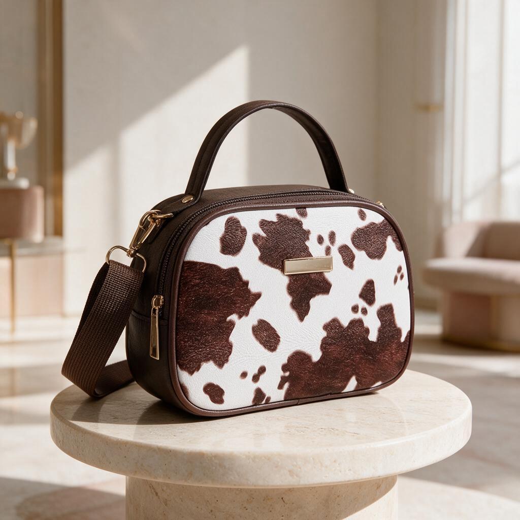 Cow Print Crossbody Bag, Brown White Shoulder Bag, Cow Print Purse, Mini Handbag, Structured Shoulder Purse, Everyday Bag