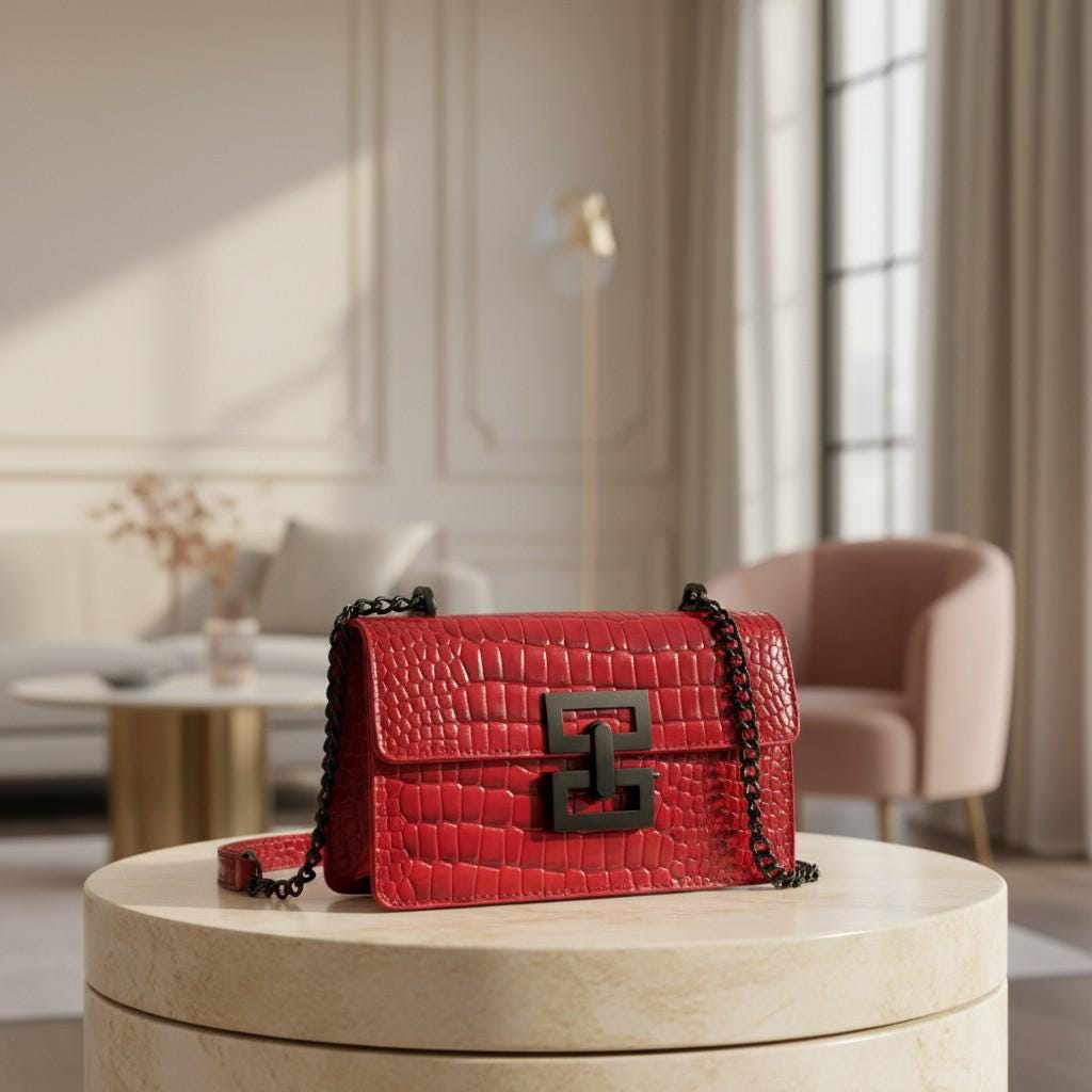 Red Croc Embossed Shoulder Bag, Women's Chain Strap Purse, Flap Crossbody Bag, Statement Evening Handbag