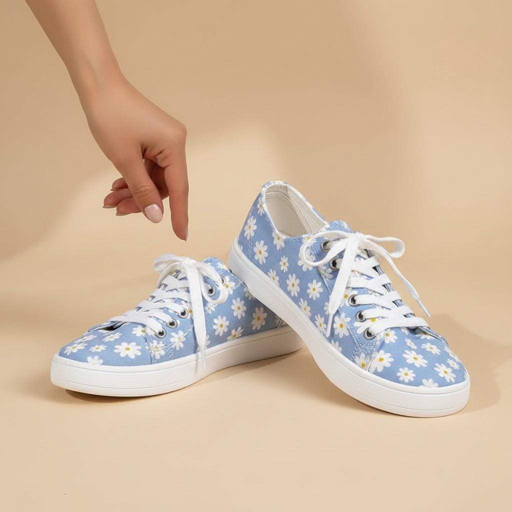 Blue Daisy Sneakers for Women, Floral Low Top Shoes, Lace Up Casual Footwear