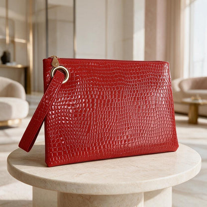 Red Crocodile Clutch Bag, Glossy Wristlet Purse, Embossed Red Evening Bag, Red Pouch Handbag, Statement Party Clutch