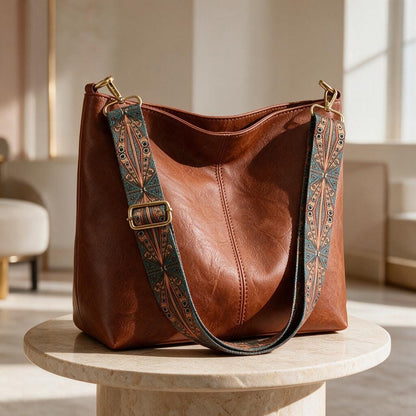 Brown Hobo Shoulder Bag, Boho Patterned Strap Purse, Slouchy Handbag, Adjustable Strap Bag, Casual Everyday Bag