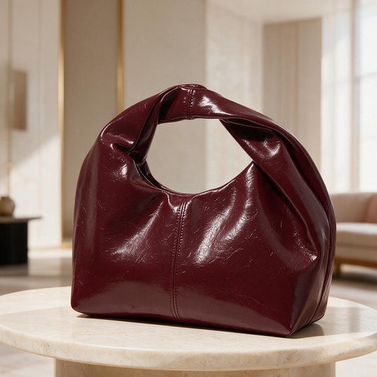 Burgundy Hobo Bag, Glossy Wine Red Shoulder Bag, Slouchy Handbag, Minimalist Purse, Ruched Handle Bag, Y2K Inspired Bag