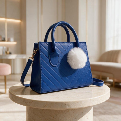 Royal Blue Handbag, Quilted Top Handle Purse, Blue Shoulder Bag with Pom Pom, Geometric Womens Purse, Cute Everyday Bag