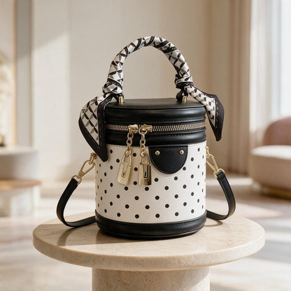 Polka Dot Bucket Bag, Black White Shoulder Bag, Cylindrical Handbag, Scarf Handle Purse, Gold Hardware Crossbody Bag