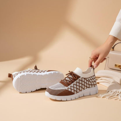 Brown Knit Sneakers for Women, Geometric Mesh Shoes, White Casual Lace Up Sneakers
