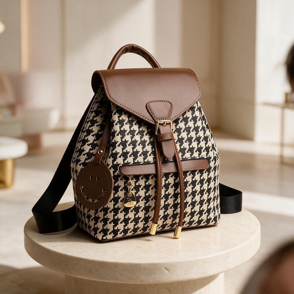 Houndstooth Backpack Purse, Women's Pattern Backpack, Brown Flap Mini Backpack, Stylish Everyday Bag