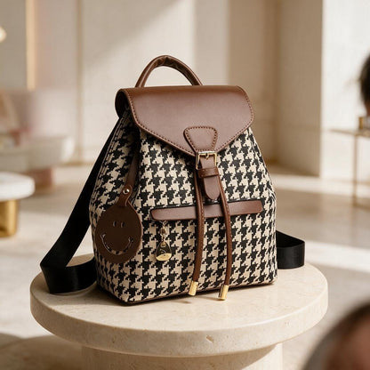 Houndstooth Backpack Purse, Women's Pattern Backpack, Brown Flap Mini Backpack, Stylish Everyday Bag