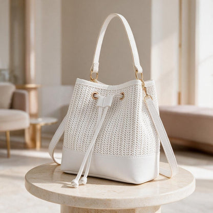 White Bucket Bag, Drawstring Shoulder Purse, Textured Summer Bag, Boho Inspired Handbag, White Casual Womens Bag