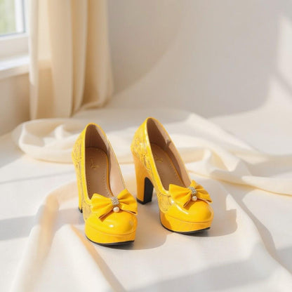 Yellow Platform Heels with Bow, Lace Detail Pumps, Chunky High Heel Shoes