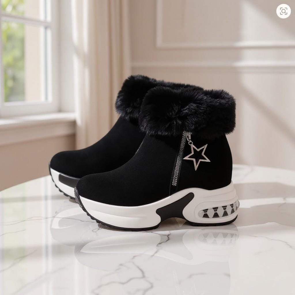 Black Fur Boots, Star Detail Winter Ankle Boots, Chunky Platform Shoes