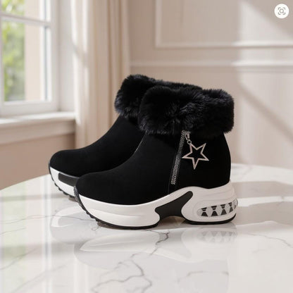 Black Fur Boots, Star Detail Winter Ankle Boots, Chunky Platform Shoes