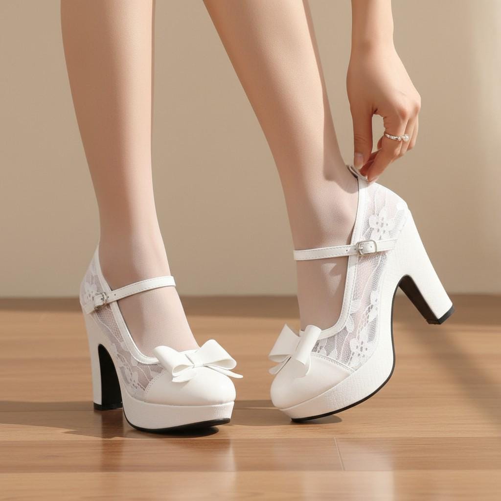 White Lace Mary Jane Heels for Women, Bow Platform Pumps, Floral Wedding Bridal Shoes