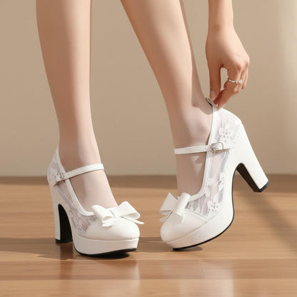 White Lace Mary Jane Heels for Women, Bow Platform Pumps, Floral Wedding Bridal Shoes