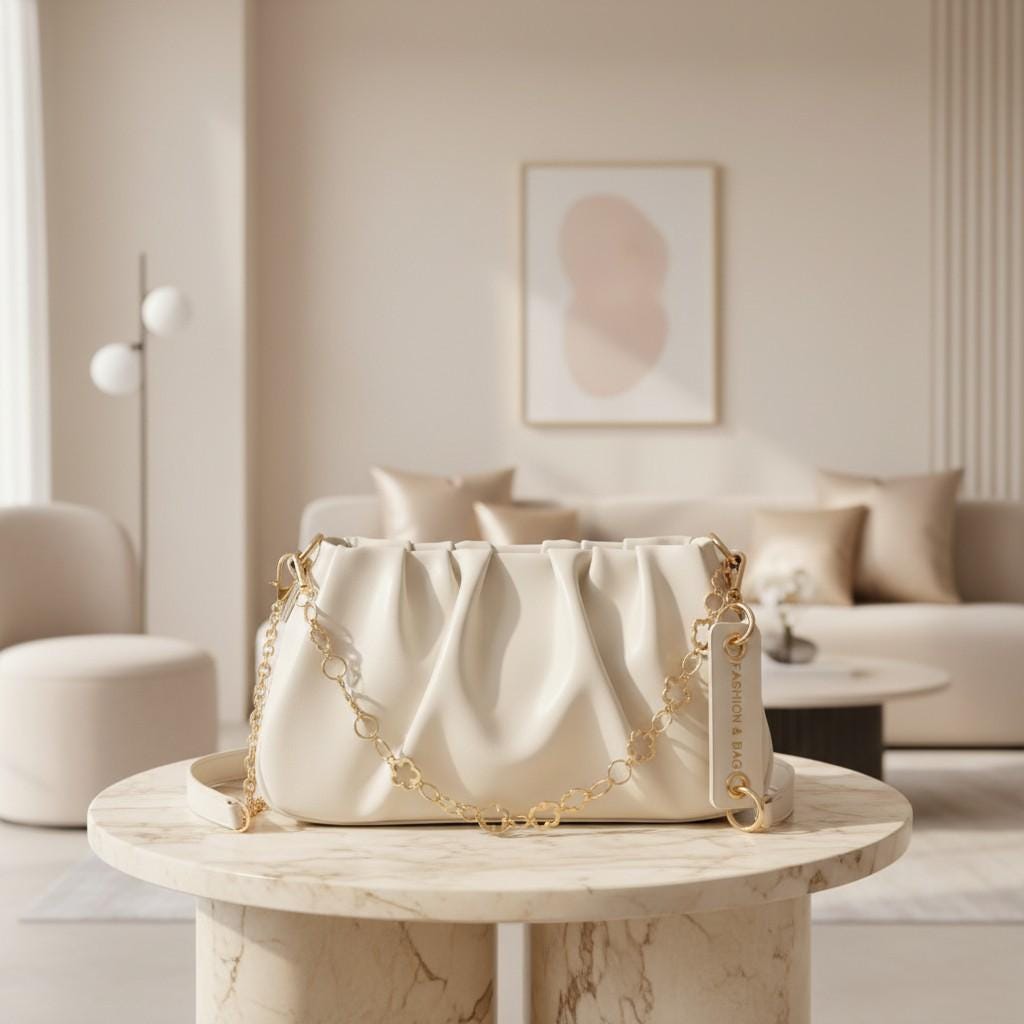 Cream Ruched Shoulder Bag, Floral Chain Purse, Gathered Hobo Handbag, Ivory Crossbody Bag, Elegant Soft Bag