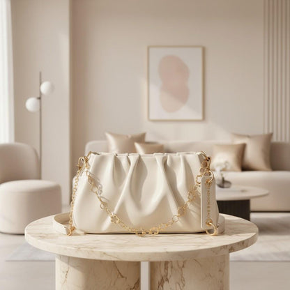 Cream Ruched Shoulder Bag, Floral Chain Purse, Gathered Hobo Handbag, Ivory Crossbody Bag, Elegant Soft Bag