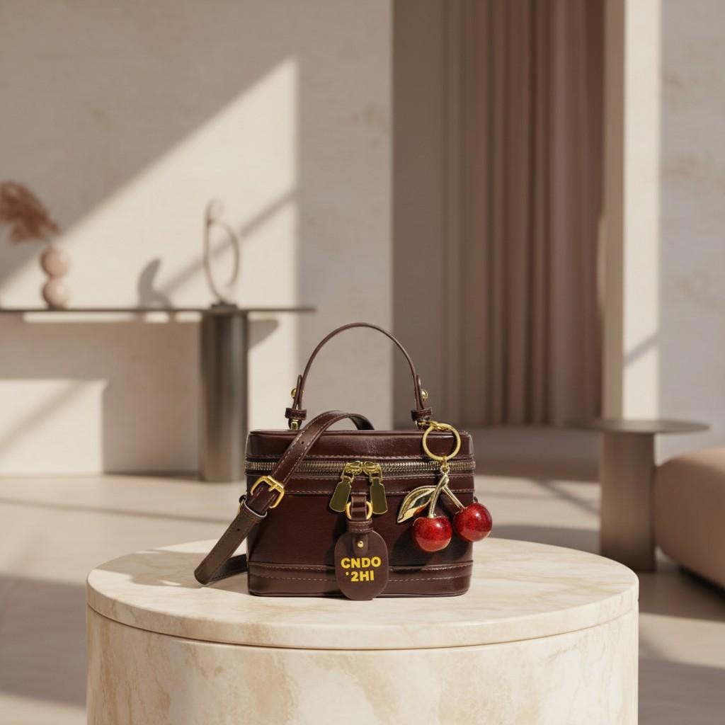 Brown Shoulder Bag, Women's Top Handle Crossbody Purse, Double Zip Handbag, Cherry Charm Bag, Structured Box Purse