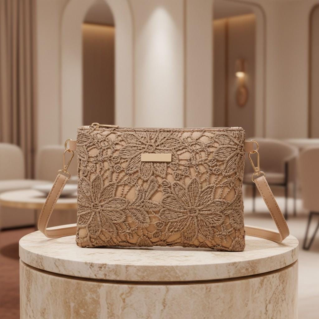 Beige Floral Embroidered Crossbody Bag, Boho Shoulder Purse, Women's Everyday Bag