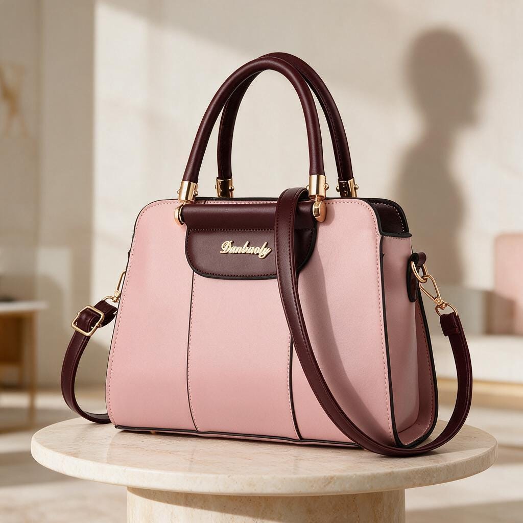 Pink Satchel Bag, Two Tone Structured Handbag, Burgundy Trim Purse, Top Handle Shoulder Bag, Pink Crossbody Bag for Women