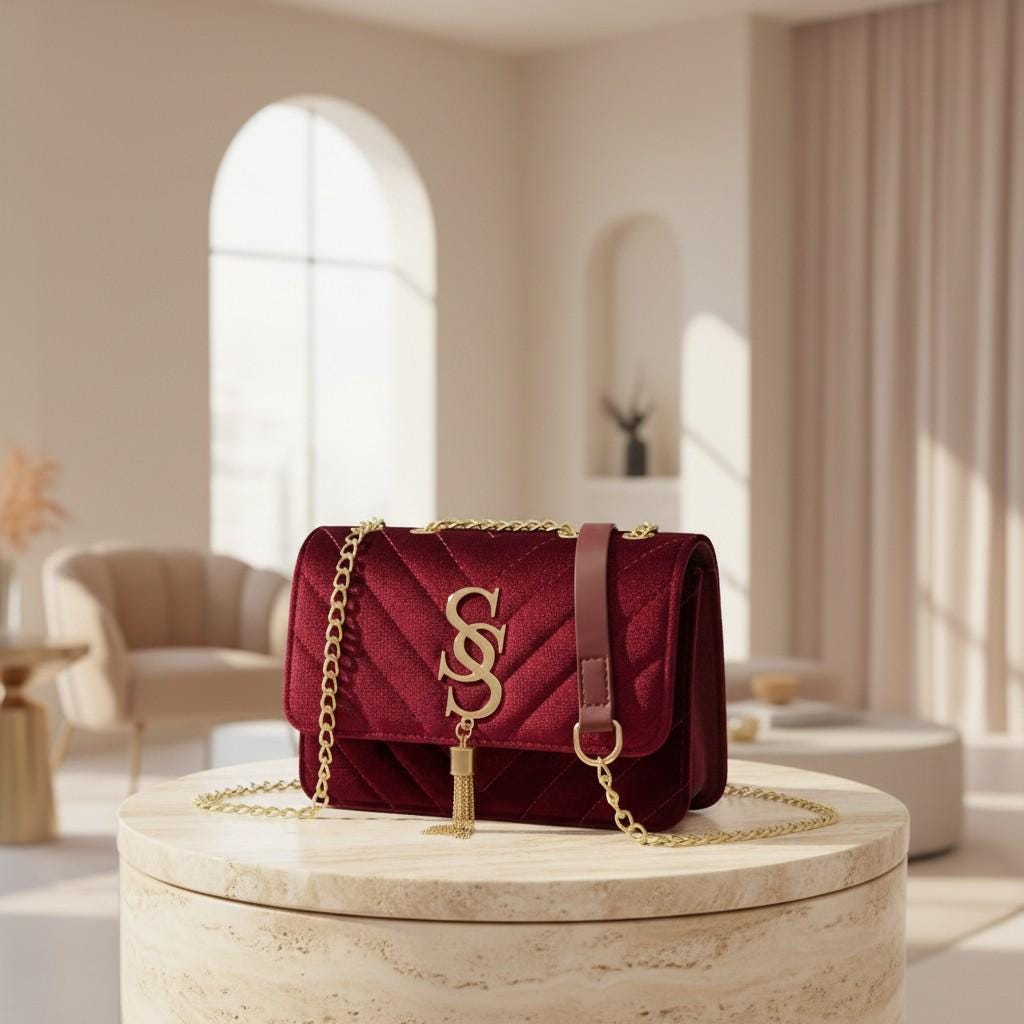 Burgundy Quilted Shoulder Bag, Gold Chain Purse, Tassel Crossbody Bag, Structured Handbag