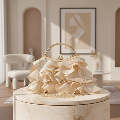Cream Ruffle Clutch, Champagne Evening Bag, Ivory Top Handle Purse, Elegant Wedding Guest Bag, Romantic Statement Handbag