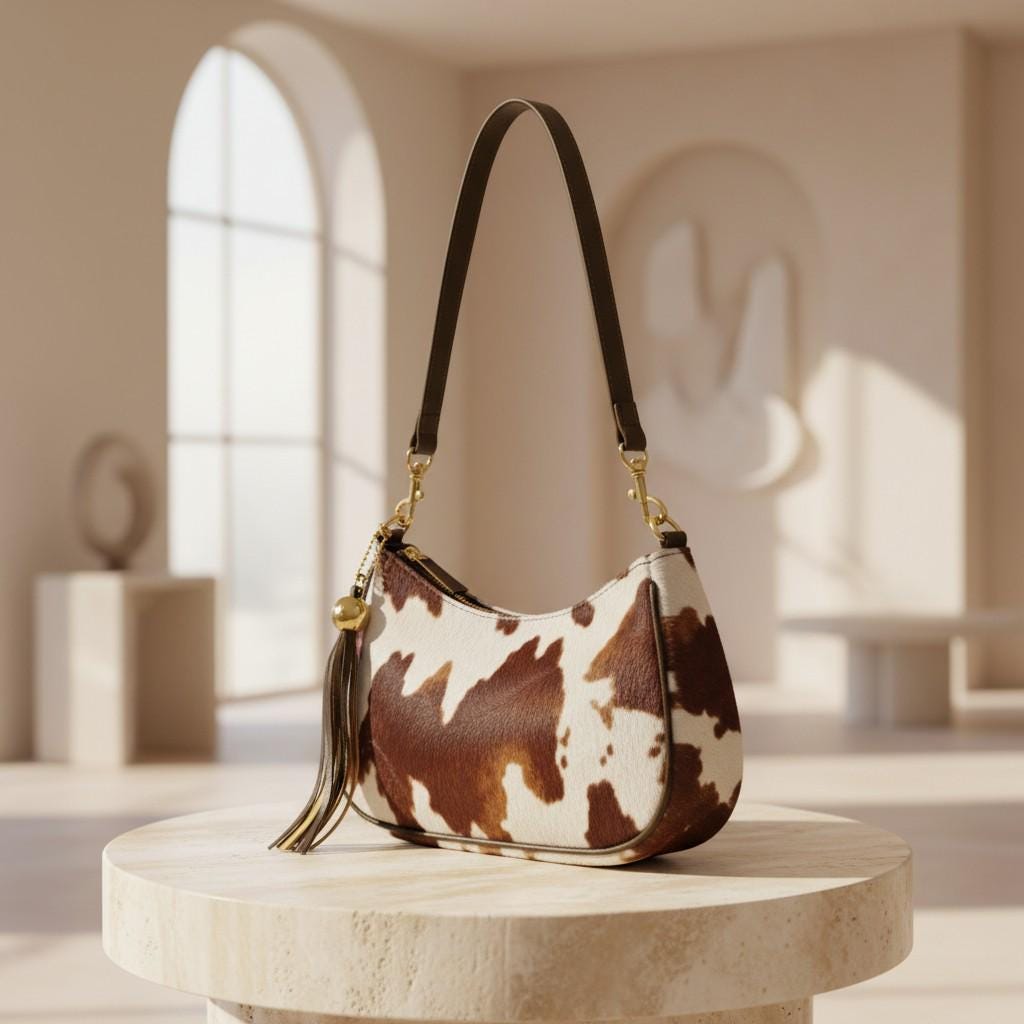 Cow Print Shoulder Bag, Brown Cow Pattern Purse, Y2K Hobo Bag, Western Handbag, Tassel Shoulder Bag