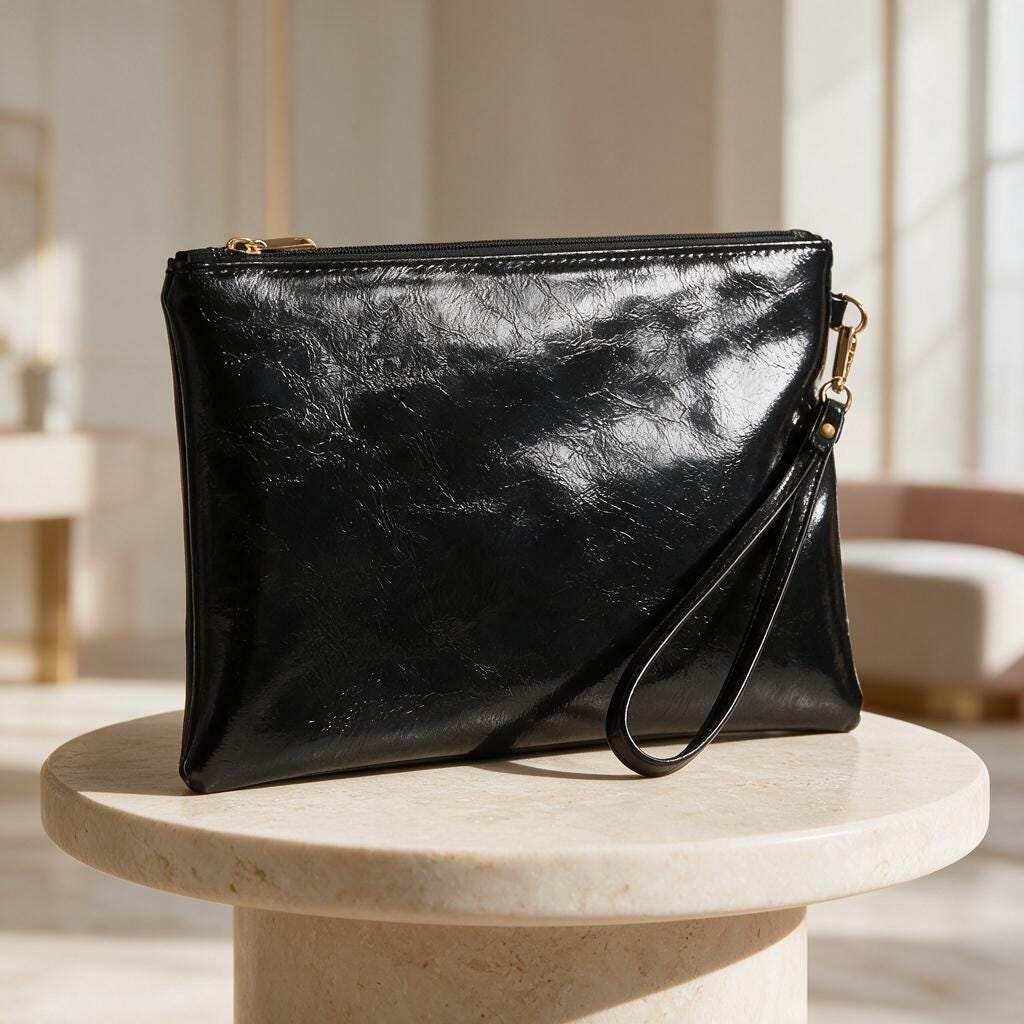 Black Oversized Clutch Bag, Glossy Evening Purse, Large Black Pouch Bag, Minimalist Handbag, Zip Top Night Out Clutch