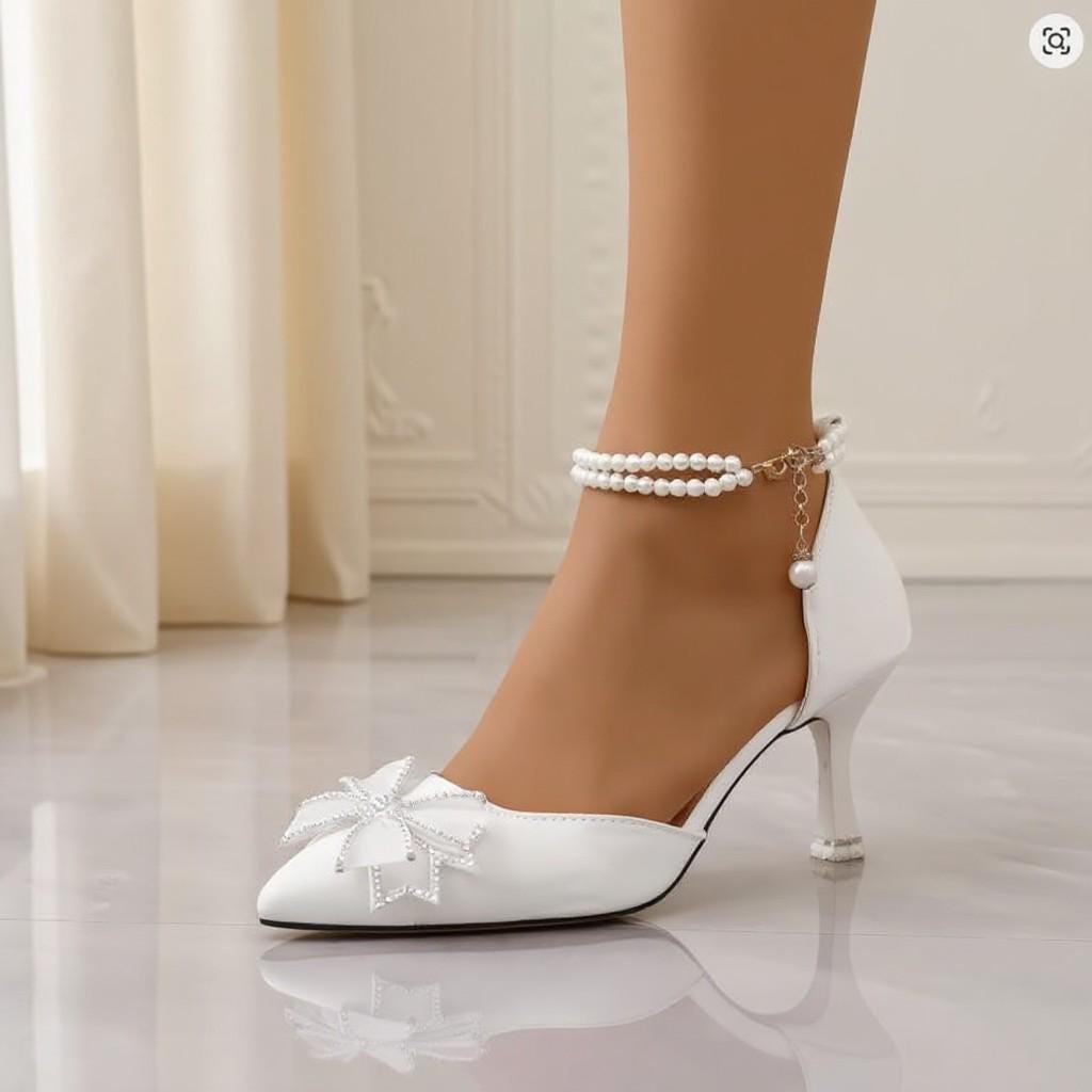 White Pearl Bow Heels, Pointed Toe Stiletto Pumps, Bridal Wedding Shoes