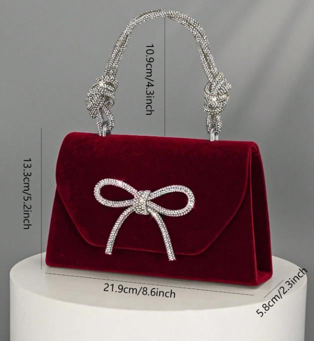 Burgundy Velvet Clutch, Rhinestone Bow Purse, Elegant Evening Bag, Wedding Guest Purse, Bridal Party Handbag