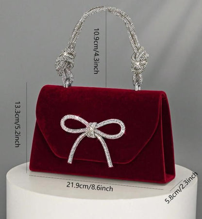 Burgundy Velvet Clutch, Rhinestone Bow Purse, Elegant Evening Bag, Wedding Guest Purse, Bridal Party Handbag