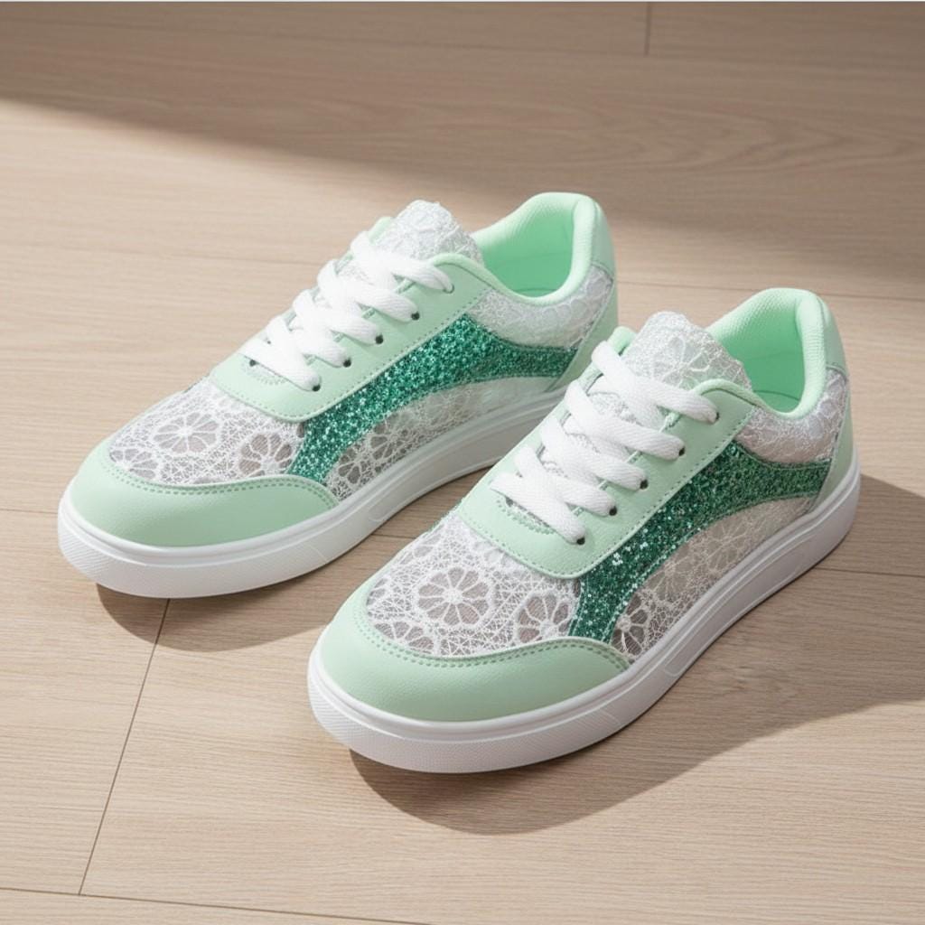 Mint Green Floral Sneakers, Women's Lace Shoes, Glitter Casual Trainers