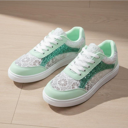 Mint Green Floral Sneakers, Women's Lace Shoes, Glitter Casual Trainers