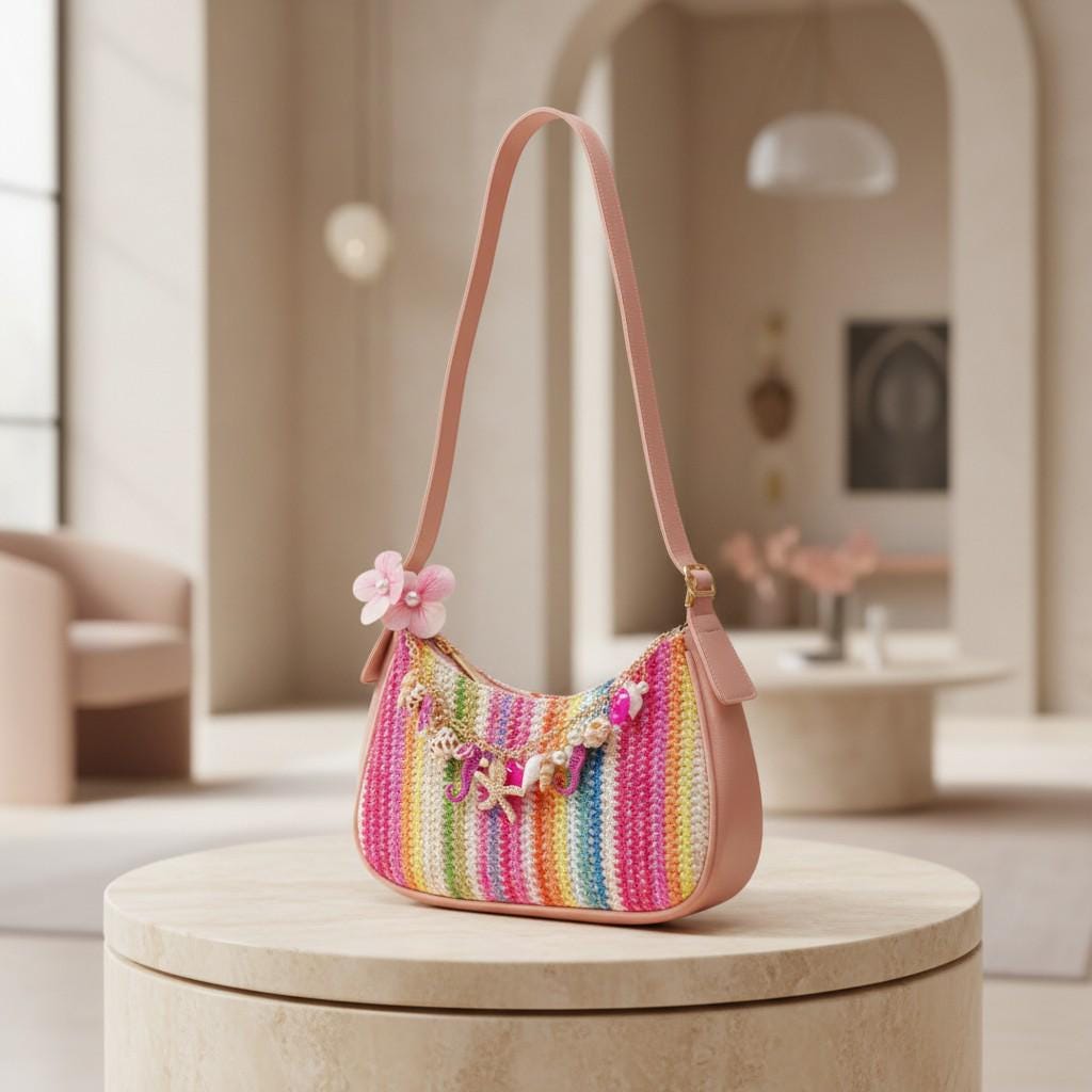 Rainbow Shoulder Bag, Colorful Woven Purse for Women, Seashell Summer Handbag, Boho Beach Bag