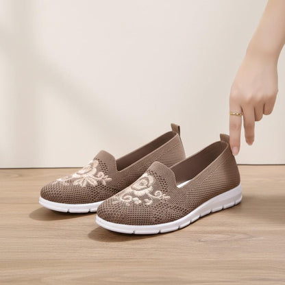 Embroidered Floral Slip On Shoes, Women's Brown Casual Walking Flats, Boho Summer Shoes