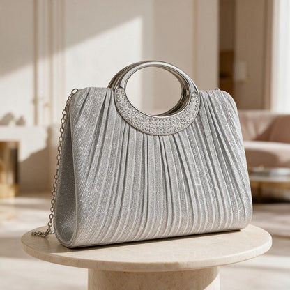 Silver Pleated Evening Bag, Rhinestone Ring Handle Purse, Silver Chain Shoulder Bag, Wedding Guest Clutch, Party Handbag