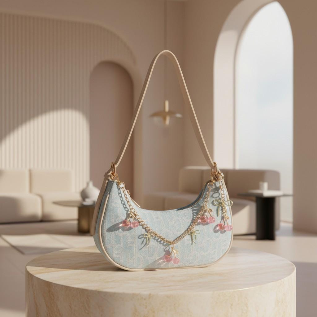 Blue Denim Shoulder Bag, Cherry Charm Purse, Y2K Baguette Handbag, Cute Mini Summer Bag