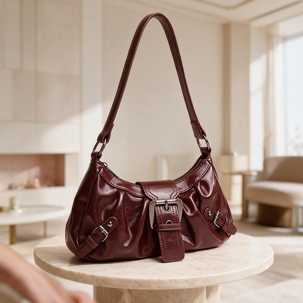 Burgundy Buckle Shoulder Bag, Y2K Baguette Purse, Glossy Handbag, Retro Small Bag