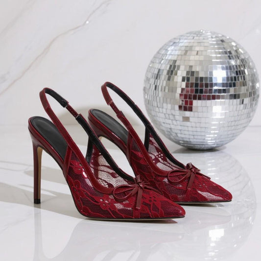 Red Lace Slingback Heels, Pointed Toe Stiletto Pumps, Bow Detail Party Shoes