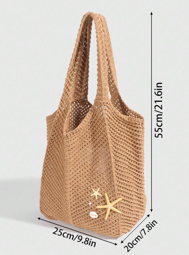 Crochet Beach Tote Bag, Boho Summer Shoulder Bag, Starfish Shell Bag, Woven Beach Purse, Coastal Vacation Tote, Women's Summer Bag