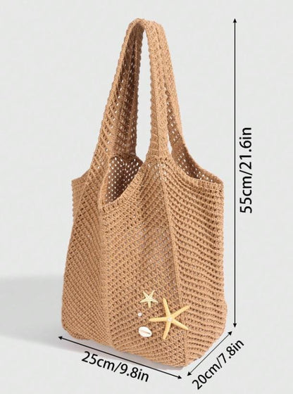 Crochet Beach Tote Bag, Boho Summer Shoulder Bag, Starfish Shell Bag, Woven Beach Purse, Coastal Vacation Tote, Women's Summer Bag