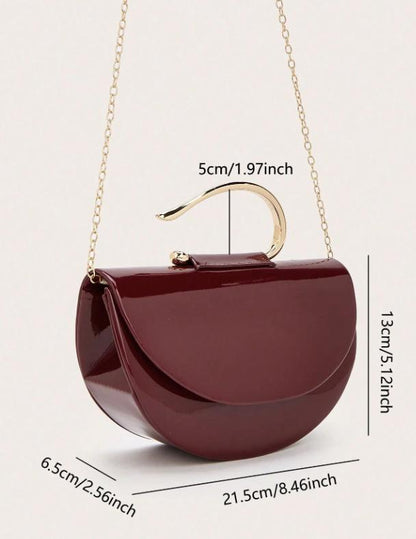 Burgundy Glossy Top Handle Bag, Half Moon Shoulder Purse, Wine Red Handbag, Gold Handle Evening Bag