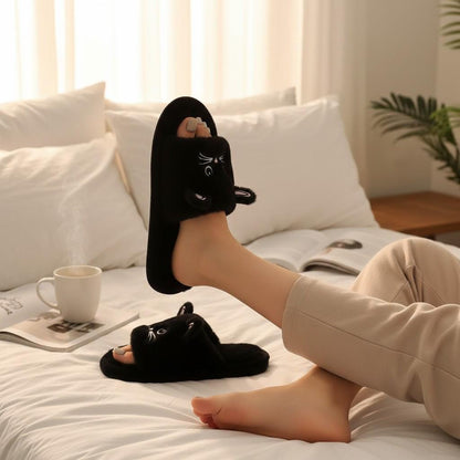 Black Cat Slippers for Women, Plush Fuzzy House Shoes, Cute Kitty Indoor Slidess