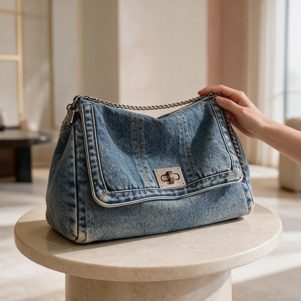 Denim Shoulder Bag, Blue Jean Purse, Y2K Baguette Handbag, Chain Strap Crossbody Bag