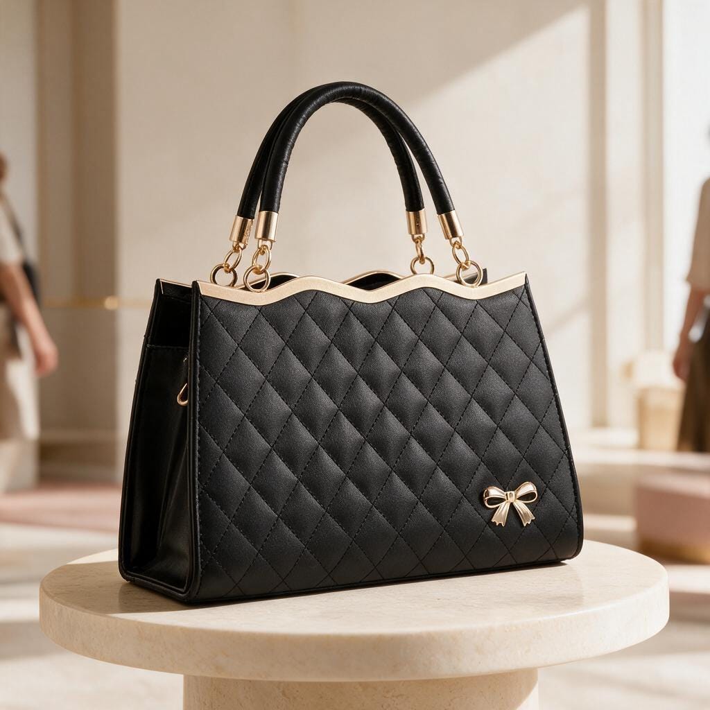 Black Quilted Tote Bag, Elegant Bow Charm Handbag, Structured Top Handle Purse, Diamond Stitch Women's Shoulder Bag