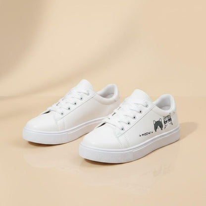 Cat Sneakers for Women, Cute White Low Top Shoes with Kitty Print