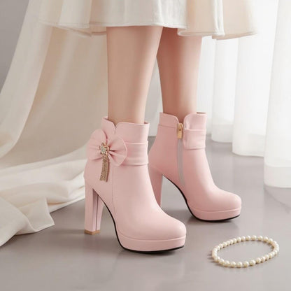 Pink Bow Ankle Boots, Platform Heeled Booties, Embellished Women's Shoes