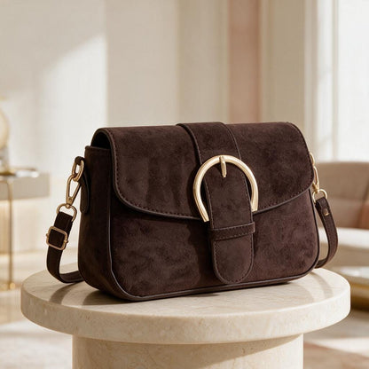 Brown Crossbody Bag, Chocolate Shoulder Purse, Gold Buckle Handbag, Minimalist Small Bag, Everyday Women's Purse